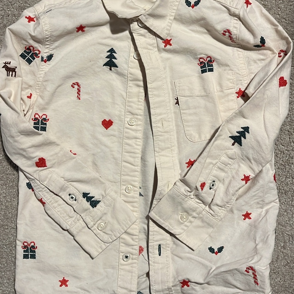 Mini Boden White Festive Button Down Shirt